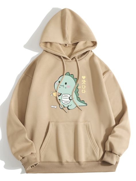 Cartoon And Korean Letter Graphic Drawstring Thermal Lined Hoodie Stylish Hoodies, Trendy Hoodies, Cute Dress Outfits, Lined Hoodie, Cute Sweatshirts, Plus Size Kleidung, Really Cute Outfits, Kawaii Clothes, Korean Outfits