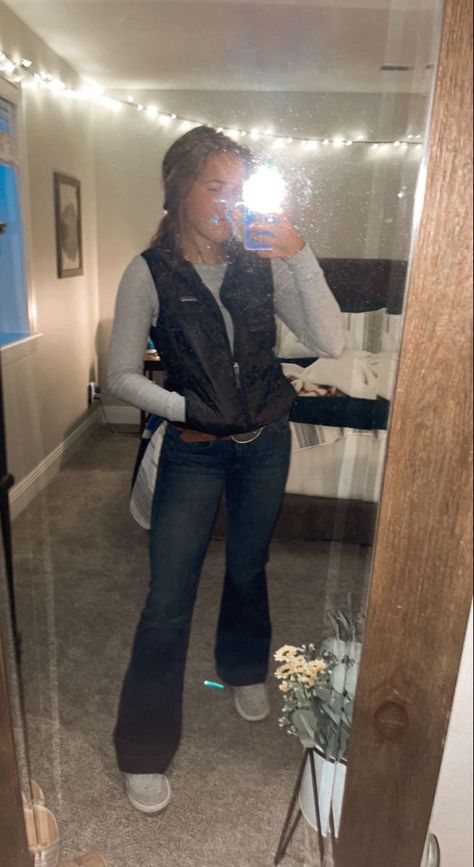 Hairstyle And Outfit Ideas, Wester Winter Outfits, Vest Country Outfits, Barnwarming Outfits, Country Outfits With Flannel, Bootcut Jeans And Hey Dudes Outfit, Wrangler Outfits Woman Casual, Country Outfits For School Winter, Where To Buy Western Clothes