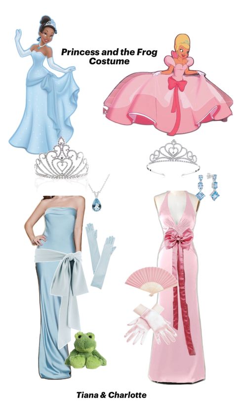 Tiana White Dress Cosplay, Lottie Princess And The Frog Outfits, Princess Tiana And Lottie Costume, Lottie Costume Princess And The Frog, Charlotte And Tiana Costume Halloween, Tiana Blue Dress Costume, Tiana And Lottie Halloween Costume, Charlotte La Bouff Costume, Princess Tiana And Charlotte Costume