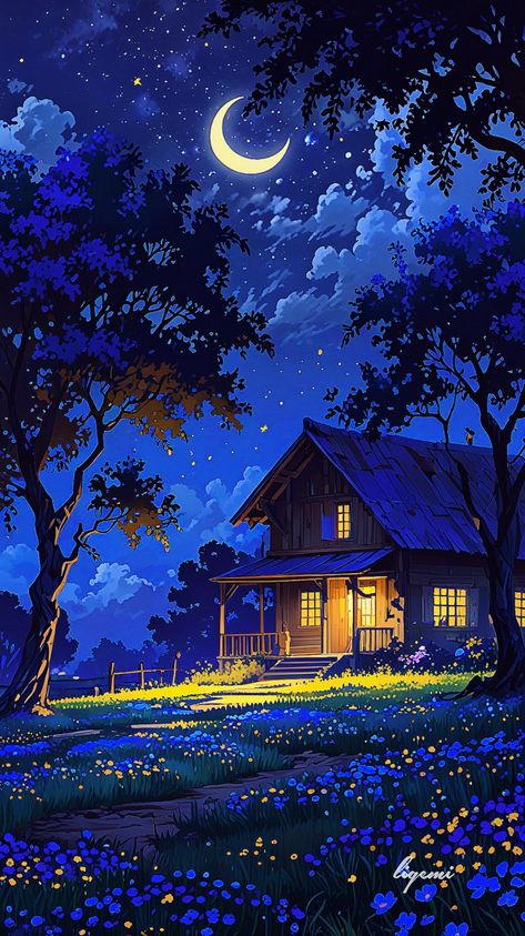 What dreams do you chase under the moonlight? ✨ 🌟 Follow: @gemilyly . . . #cabininthewoods #starrynight #moonlight #naturelovers #instaart #instaartist #aesthetic #artwork #illustration #conceptart #landscape #nature #sky #stars #cozyhome #dreamy #magical #night #house #chillhood #peaceful #vibes #aiart #digitalai #ligemi_ni Night Painting Moonlight, Night Landscape Illustration, Lofi Art, Printable Wallpaper, Night House, Cottage Illustration, Moonlight Art, Night Sky Art, Field Of Wildflowers