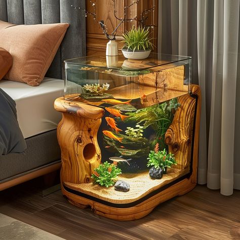 Wooden Aquarium Bedside Tables That Bring Serenity to Your Bedroom Table Aquarium Ideas, Wooden Table Lamps For Bedroom, Fish Tank Table Ideas, Vintage Fish Tank, Cool Fish Tanks Ideas Unique, Fishtank Ideas Furniture, Fish Tanks In Bedrooms, Wooden Furniture Bedroom Ideas, Fish Tank Cute