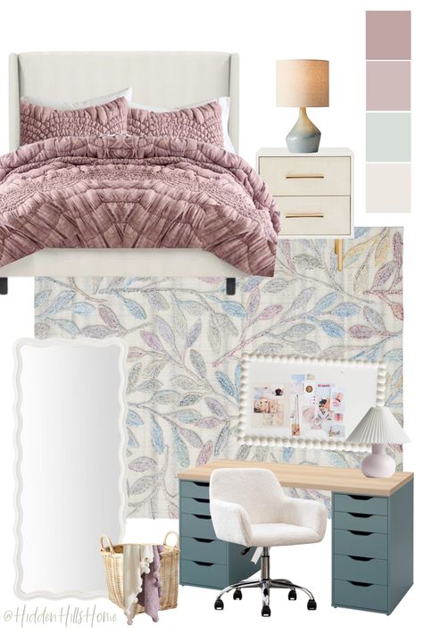 Tween girls bedroom decor mood board with purple and teal blue tones Teal Girls Bedroom, Girls Bedroom Teal, Boho Teen Bedroom, Tilly Upholstered Bed, Girls Blue Bedroom, Purple Girls Bedroom, Purple Girls Room, Teal Rooms, Girls Room Design