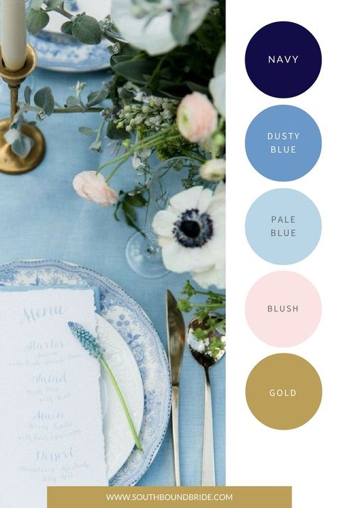 Wedding Palette Dusty Blue Blush Gold – SouthBound Bride Wedding Colors Elegant, Blue Color Palette Wedding, Table Settings Ideas, Wedding Color Schemes Blue, French Blue Wedding, Wedding Theme Color Schemes, Blue And Blush Wedding, Blue Gold Wedding, Best Wedding Colors