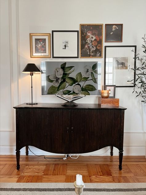 Gallery Wall Around Frame Tv, Anna Page Apartment, Framed Tv Gallery Wall, Gallery Wall Around Tv, Dining Room Sideboard Decor, Frame Tv Gallery Wall, Sideboard Decor Dining Room, Anna Page, Tv Gallery Wall