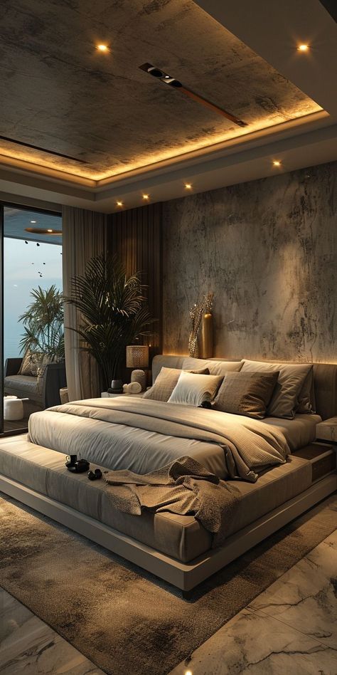 Modular False Ceiling Design, Modern House Design Bedroom, Dream Room Luxury, Floating Bedroom Ideas, Bedroom With Mirror On Ceiling, Bedroom Ideas High Ceiling, Influencer Room Ideas, Bedroom With Balcony Design Master Suite, Modular Bedroom Design