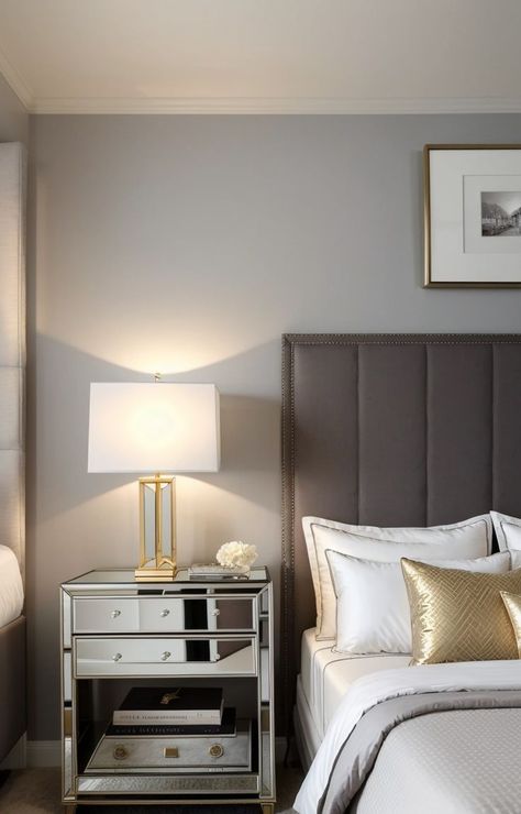 Loft Conversion Decor, Bedroom With Grey Headboard, Grey Upholstered Headboard, Gray Upholstered Headboard, Grey Headboard, Mirrored Nightstand, Loft Conversion, An Aesthetic, Chic Bedroom