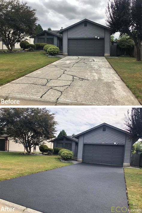 Rubber driveway resurfacing and a classic monochromatic scheme give this home in Maple Ridge an elegant and welcoming look.     #nonslip #nonslipdriveway #nonslipdriveways #drivewaygoals #drivewayinspo #drivewayinspiration #driveways #drivewaydesign #drivewayreno #drivewayrenovation #drivewaytransformation #beforeandafter #beforeandafters #beforeandafterdriveway #concretealternatives #concretealternative #homedesign #homerenos #renovations #instantmakeover Driveway Ideas Cheap, Rubber Driveway, Driveway Paint, Cement Driveway, Driveway Resurfacing, Modern Driveway, Diy Driveway, Resin Driveway, Driveway Repair