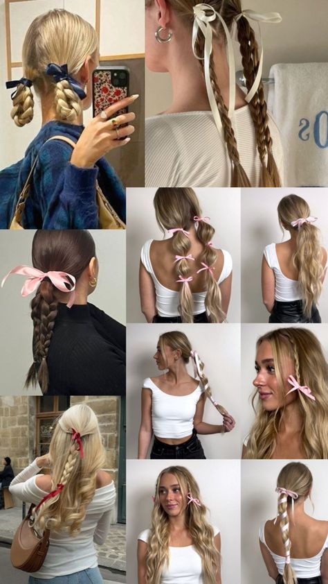 hairstyles with bowes, ponytails, braided hairstyles Hairstyle Examples, Vlasové Trendy, Ribbon Hairstyle, Hairstyles For Layered Hair, Hair Tutorials For Medium Hair, Hair Stylies, Work Hairstyles, Hair Up Styles, Hair Stylist Life