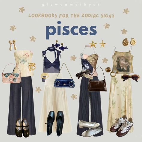 🌟 lookbooks for zodiac signs part 1/3 ✨️ • whats ypur sign? im a virgo 💌 • fc: 107k date: july 30th • tags: #glowyamethyst #moodboard #moodboards #zodiacsigns #signs #capricorn #aquarius #pisces #aries Pisces Sun Scorpio Rising, Pisces Venus Outfits Aesthetic, Pisces Fashion Outfits, Pisces Aesthetic Clothes, Venus Sign Pisces Style, Pisces Style Aesthetic, Pisces Venus Fashion, Pisces Fashion Aesthetic, Pisces Clothes