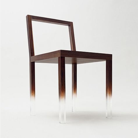 Fadeout Chair by Nendo  The clear acrylic legs were specially painted by craftsmen so that the wood grain appears to gradually fade away. Simple Chair Design, Floating Chair, Unique Furniture Design, Chaise Design, Chair Legs, Cool Chairs, Japanese Design, Wooden Chair, A Chair