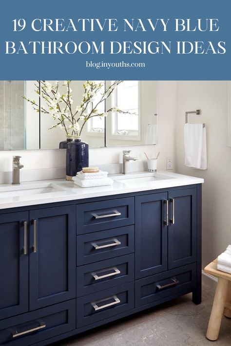 NAVY BLUE BATHROOM Blue Shaker Cabinets, Blue White Bathrooms, Dark Blue Bathrooms, Blue Bathrooms Designs, Navy Blue Bathrooms, Navy Bathroom, Blue Bathroom Vanity, Blue Vanity, Transitional Bathroom