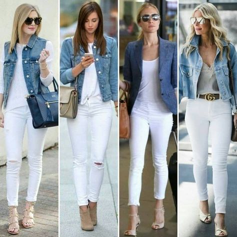 f4a4da9aa7eadfd23c7bdb7cf57b3112desc48907181ri Witte Jeans Outfit, White Pants Outfit, White Jeans Outfit, Jean Jacket Outfits, Mode Casual, 가을 패션, Denim Jackets, Outfit Idea, Outfits Casuales