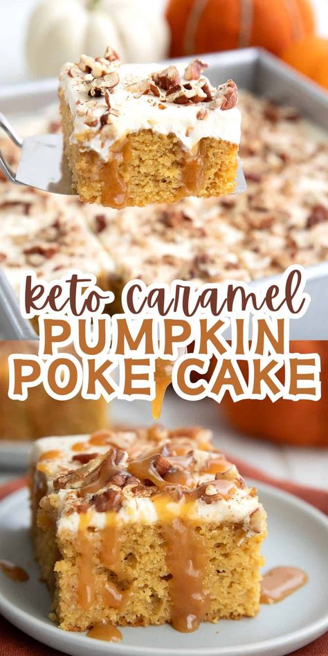 This Keto Pumpkin Poke Cake combines tender low carb pumpkin cake with gooey caramel sauce and an airy cream cheese frosting. It might just be the best keto dessert recipe you make all year! Keto Pumpkin Desserts, Keto Pumpkin Cake, Pumpkin Keto, Pumpkin Poke Cake, Gf Cake, Keto Pie, Low Carb Pumpkin Recipes, Fall Deserts, Keto Cakes