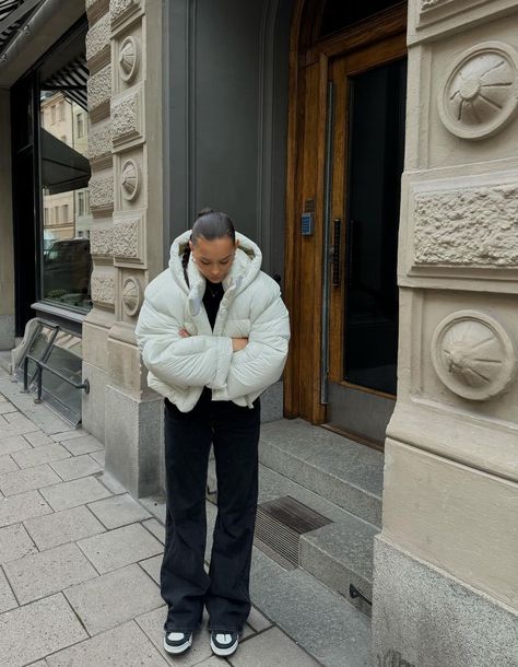 🦋 white puffer jacket ootd inspo | black n white outfits White Fluffy Jacket Outfit Winter, Styling White Puffer Jacket, White Puffer Coat Outfit Winter, Winter Fits Puffer Jacket, White Puffer Jacket Outfit Korean, Style White Puffer Jacket, Nyc Winter Outfits Puffer Jacket, Winter Outfits White Puffer Jacket, Creme Puffer Jacket Outfits