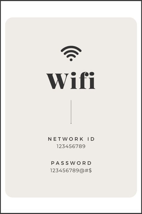 Let your vacation rental guests know your WiFi login details with this modern, minimalist WiFi sign! This Airbnb WiFi Sign can be set up so guests can see it immediately upon their arrival. It can be laminated, placed in a picture frame, and hung up on a wall! Your guests will know the WiFi details of your AirBnB or vacation rental with ease and efficiency. This modern design will add to the appeal of your AirBnB and let guests know one of the most important details when checking into your home. Wifi Card Design, Airbnb Signs For Guests, Airbnb Logo Ideas, Airbnb Logo Design, Airbnb Quotes, Airbnb Branding, Airbnb Aesthetic, Guest Wifi Sign, Airbnb Logo