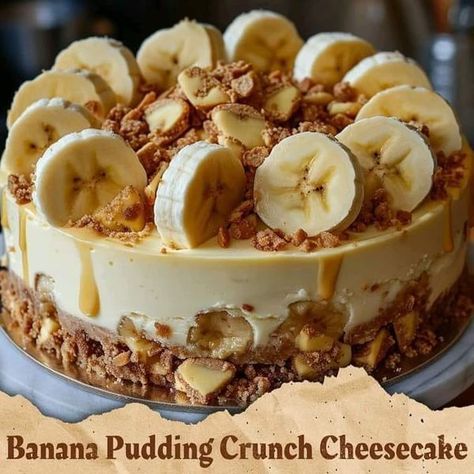 Celebrating Home With Betty Byrum | BANANA PUDDING CRUNCH CHEESECAKE  😋 😋  | Facebook Banana Pudding Crunch Cake, Banana Pudding Crunch Cheesecake, Banana Pudding Crunch Cheesecake Recipe, Strawberry Crunch Banana Pudding, Cheesecake Banana Pudding, Bannan A Pudding Cheesecake, Fun Cheesecake Recipes, Chocolate Raspberry Mousse Cake, Crunch Cheesecake