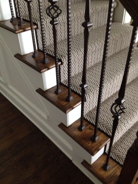 Herringbone carpet runner                                                                                                                                                                                 More Staircase Runner, Stair Makeover, Iron Stair Railing, Stairs Makeover, Escalier Design, Staircase Remodel, Staircase Makeover, Stair Remodel, Casa Country