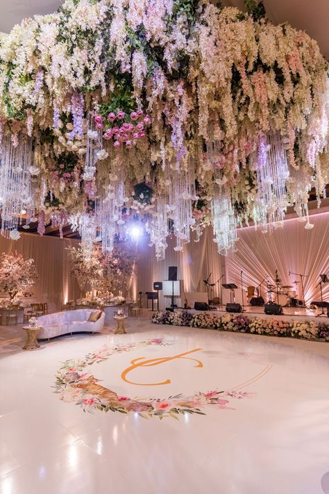 Ballroom Wedding Venue Ideas, Floral Quinceanera Theme, Royal Wedding Decor, Fairytale Quince, Wedding Venue Flowers, Pink Quince Theme, Debut Themes, Reception Dance Floor, Quince Centerpieces