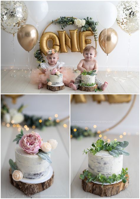 First Birthday Photo Shoot Ideas Twins, 1st Birthday Photoshoot Twins, Twins First Birthday Photoshoot, Twin Birthday Pictures, Twin Baby Birthday, Cakesmash Photoshoot, Twin Cake Smash, Twin Birthday Themes, Newborn Cake