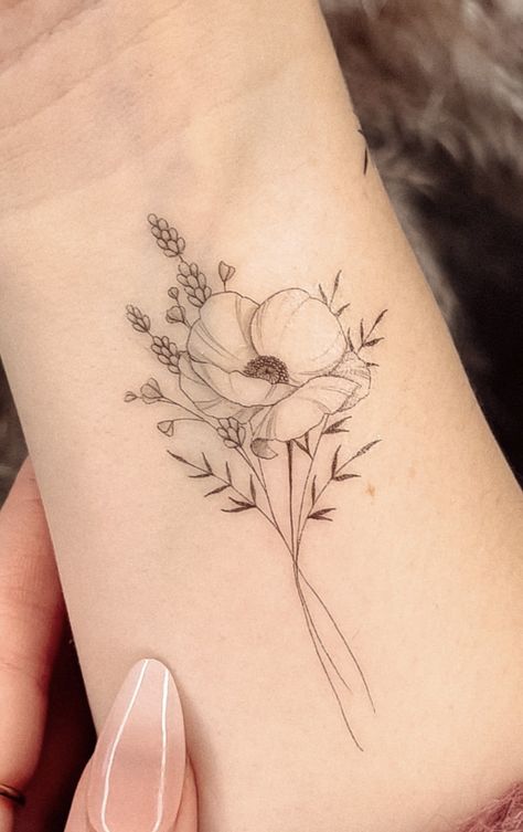 Gemini Birth Flower Tattoo, October Flower Tattoo Cosmos, Primrose Fine Line Tattoo, Poppy And Daffodil Flower Tattoo, Poppy And Lily Tattoo, Woodland Flower Tattoo, Dainty Poppy Flower Tattoo, Fine Line Cosmos Flower Tattoo, Friend Flower Tattoo