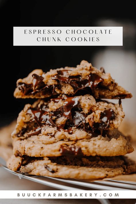 These chocolate chunk espresso cookies are packed with chocolate, have a subtle espresso flavor, and are ooey gooey in the middle. William Sonoma Chocolate Chip Cookies, Chocolate Chunk Cookies Recipe, Chunk Cookies Recipe, Espresso Cookies, Farm Bakery, Chocolate Chunk Cookie Recipe, Dessert Design, Espresso Cookie, Fun Baking