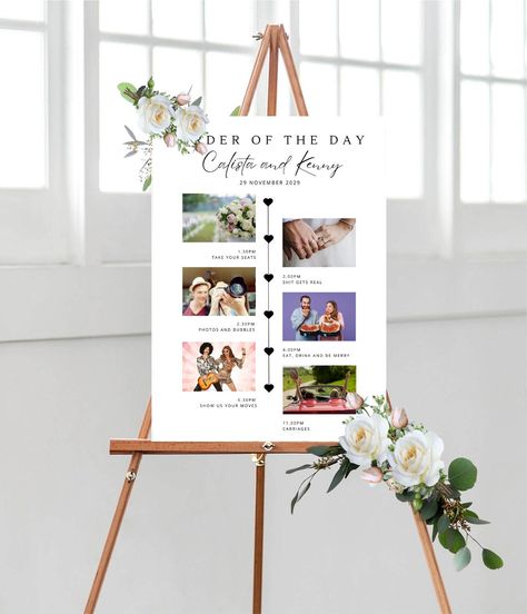 Wedding Order of the Day Board, Modern Photographic Printed Wedding Itinerary Board, Wedding Timeline Sign, Foamex Wedding Timings Board Order Of The Day Wedding, Welcome Boards, Wedding Itinerary, Order Of The Day, Paper Light, Wedding Order, Wedding Posters, Wedding Timeline, Table Plans