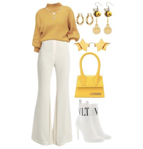 Yellow Trendy Outfits, Gold Yellow Outfit, White And Mustard Outfit, Classy Yellow Outfit, Big White Pants Outfit, Black And Yellow Outfit Classy, Yellow Colour Outfits, Yellow And White Outfits For Women, Casual Yellow Outfits