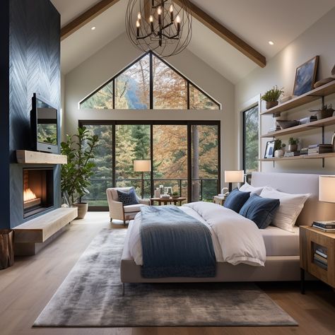 Two Room Master Suite, Master Bedrooms With Big Windows, Big Primary Bedroom, Big Window Bedroom Master Suite, Master Room With Fireplace, Master Suite Inspiration, Master Bedrooms With High Ceilings, Dream Primary Bedroom, Rock Accent Wall Bedroom