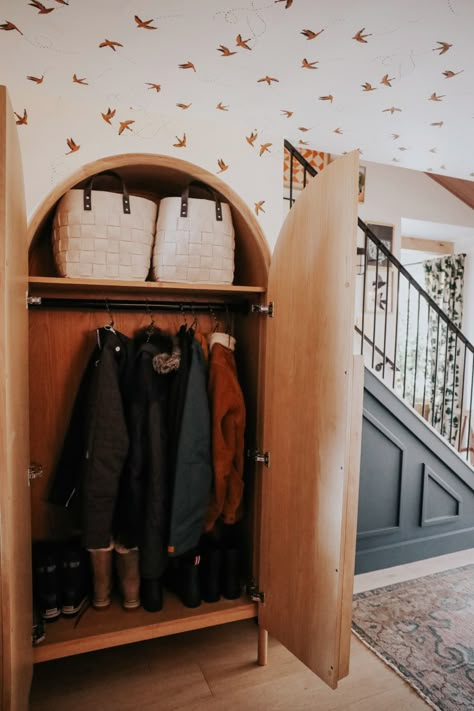 Maximize Storage in Entry with Dresser, Armoire and Coat Tree - Nesting With Grace Entryway Coat Storage Armoire, Coat Storage No Closet, Armoire Coat Closet, Foyer Armoire, Entryway With Armoire, Free Standing Coat Closet, Freestanding Coat Closet, Coat Tree With Basket, Hidden Coat Storage