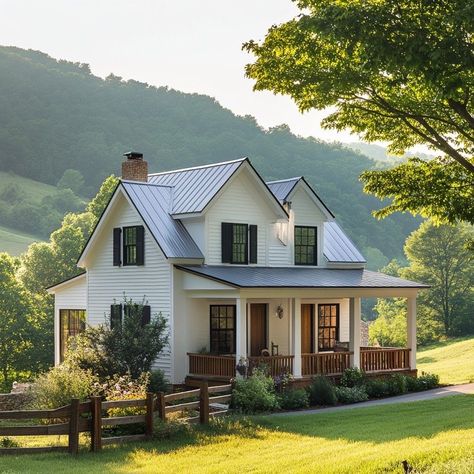 Small Country Cottage Exterior, Cottage House With Porch, Farmhouse Style Home Exterior, Small House Big Porch, Homes In The Country, Cabin Like Homes, Building House Aesthetic, Tiny House Two Story, Small House Ideas Exterior