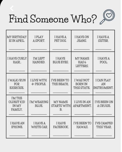 Find Someone Who Game Free Printable, Find Someone Who Game, Preschool Artwork, Icebreaker Bingo, Ladies Kitty Party Games, Esl Materials, Alzheimers Activities, Church Games, Camping Activities For Kids