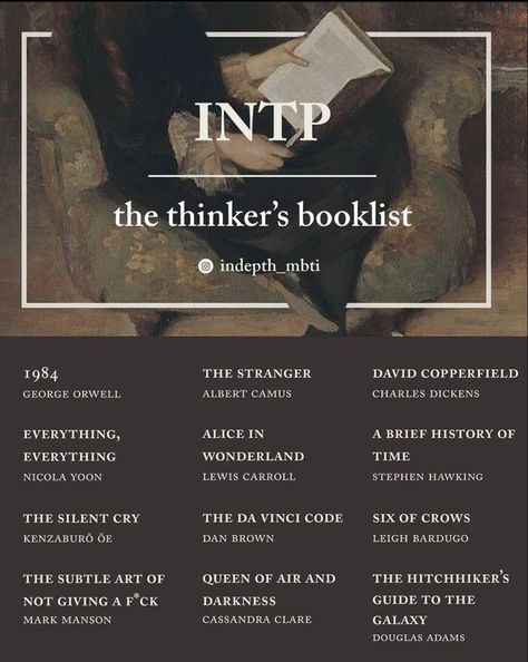 janie ✨ on Twitter: "this is LITERALLY my bookshelf 😳 #INTP #MBTI charles dickens - david copperfield lewis carroll - alice in wonderland george orwell - 1984 stephen hawking - a brief history of time albert camus - the stranger dan brown - the da vinci code douglas adams - HHGG IG @ indepth_mbti… https://t.co/3rzRKcaICU" Intp Personality Type, Intp T, Intp Personality, Book Bucket, Unread Books, Recommended Books To Read, Top Books To Read, Literature Books, Book Suggestions