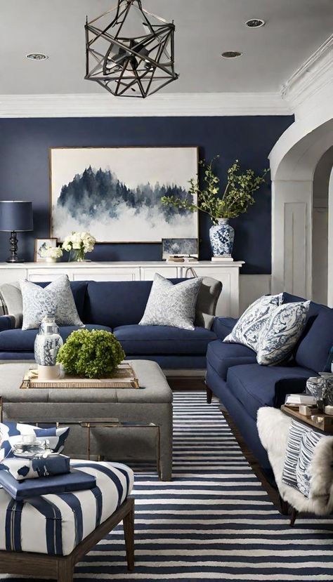 Contemporary Blue Living Room, Farmhouse Living Room Blue Couch, Dark Blue And White Living Room, Living Room Blue Accent Wall, Blue Black And White Living Room, Navy Blue And White Living Room, Grey And Blue Living Room Ideas, Neutral Blue Living Room, Blue And White Living Room Coastal