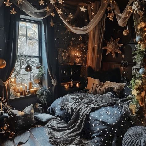 Gothic Attic Bedroom, Dark Fantasy Room Decor, Magical Dorm Room, Gothic Fairy Bedroom, Bed Nook Diy, Wizard Themed Bedroom, Cozy Fantasy Bedroom, Witchy Bedroom Decor Ideas, Fantasy Room Design