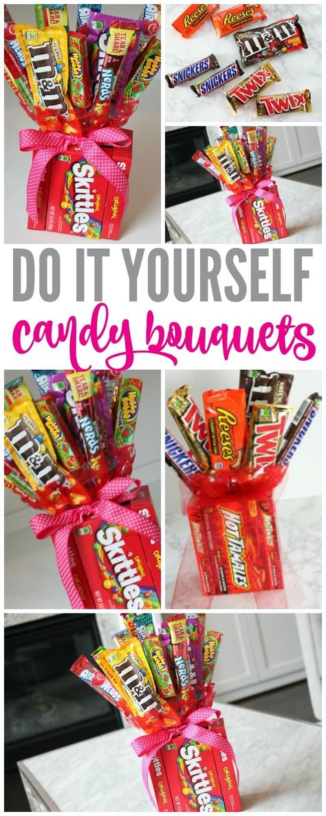 Make Your Own Candy Bouquets for Valentines Day, Fathers Day, Mothers Day, Birthday Parties and more! The Perfect Gift for the person that has everything! Make Your Own Candy, Valentines Bricolage, Candy Bouquet Diy, Candy Bouquets, Candy Crafts, Cadeau Diy, Candy Bouquet, Candy Bars, Diy Candy