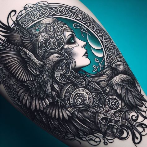 Celtic Morrigan Tattoo, The Morrigan Tattoo Celtic Goddess, The Morrigan Tattoo, Morrigan Tattoo, Goddess Morrigan, Viking Warrior Tattoos, Valkyrie Tattoo, The Morrigan, Forever Tattoo