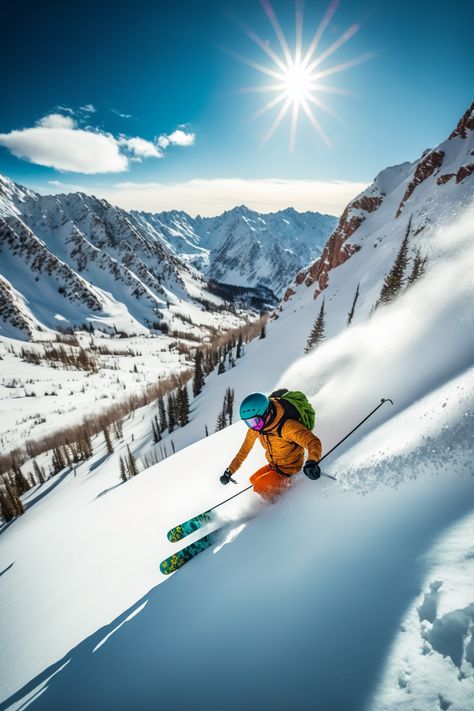 An AI image of a skier enjoying Snowbird in Utah Snowbird Utah, Mountain Lifestyle, Spring Skiing, Luxury Condo, Mountain Views, Ski Resort, Luxury Real Estate, Home For Sale, Mountain View