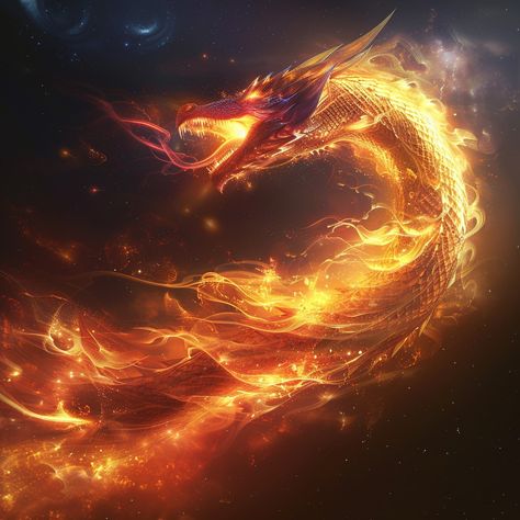 Fiery Cosmic Dragon: A majestic fire dragon soars through a cosmic backdrop, illuminating the darkness with its flames. #dragon #fire #cosmic #space #fantasy #aiart #aiphoto #stockcake ⬇️ Download and 📝 Prompt 👉 https://ayr.app/l/HdLS Fire Magic Art, Dragon Made Of Fire, Dragon Flame Aesthetic, Fire Dragon Art, Fire Dragon Aesthetic, Flame Magic, Fire Dragon Art Fantasy, Fire Chinese Dragon, Elemental Animals