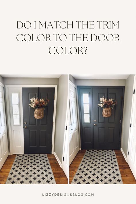 A dark gray door with the trim left white and one where the trim is painted to match Paint Interior Front Door Black, Black Interior Front Door White Trim, Paint Inside Front Door Entryway, Side Door Colors, White Trim With Painted Doors, Trim That Isnt White, Neutral Door Colors Interior, Painting White Doors Black, Painted Entry Doors