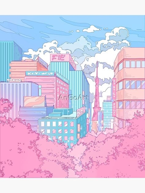 Tokyo Cityscape, Tokyo Streets, Pink Sakura, City Skylines, Tokyo City, Cloudy Sky, Pastel Wallpaper, Kawaii Art, Anime Background