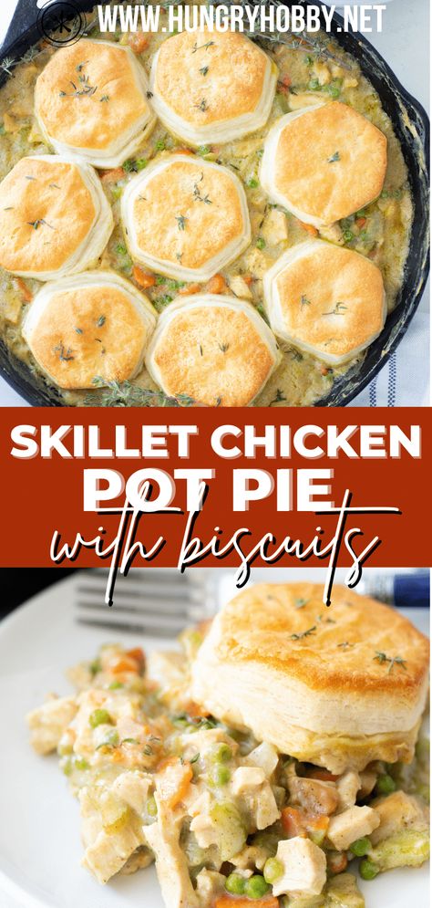 This skillet chicken pot pie skillet with biscuits is made in one skillet for a warm, flavorful meal with minimal cleanup! Skillet Pot Pie, Skillet Chicken Pot Pie, Chicken Pot Pie With Biscuits, Pot Pie With Biscuits, Wood Cookstove, Pot Pie Recipe Easy, Poultry Dishes, Iron Recipes, Iron Skillet Recipes