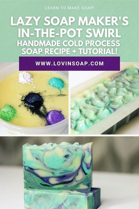 Learn how to make the Lazy Soap Maker’s In-The-Pot Soap Swirl with this handmade cold process soap design tutorial over on the Lovin Soap blog! I’ll walk you through the design technique, step-by-step, with pics! I’ve also linked to some of my other posts with recipes and regular In-The-Pot swirl designs. This one is great if you don’t like doing so many dishes! Click through to the blog, and Happy Soap Making! Cold Process Soap Techniques, Soap Making For Beginners, Cold Process Soap Designs, Natural Soaps Recipes, Cold Pressed Soap, Homemade Soap Bars, Easy Soap Recipes, Diy Soap Recipe, Soap Design