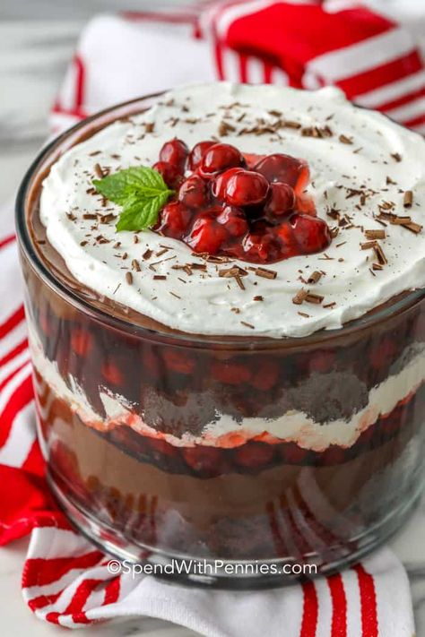 This Black Forest trifle is easy to prepare with pre-made ingredients. Layers of chocolate pudding, cherry pie filling, whipped cream, and chocolate cake soaked with kirsch create this beautiful dessert. Perfect for special occasions like Christmas but easy enough for every day, it's the best of both worlds! #spendwithpennies #blackforesttrifle #triflerecipe #blackforest #dessert #withkrisch Black Forest Trifle, Trifle Dessert Recipes, Slow Cooker Bacon, Homemade Cherry Pies, Homemade Custard, Chocolate Trifle, Cherry Brandy, Spend With Pennies, Trifle Desserts