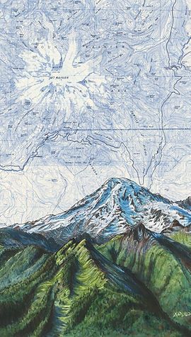 ...Painting... | katiereim Mountain Prints For Walls, Vintage Map Art, Mt Rainier Painting, Mountain Landscape Photography Horizontal, Vintage Mountain Aesthetic, Art With Maps, Mountain Art Painting, Map Mountains, National Parks Posters