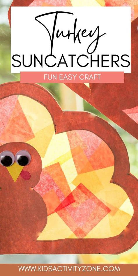 Looking for an easy fall activity to entertain the kids? This Turkey Suncatcher Craft is incredibly easy to create. Just print out the provided turkey template, attach tissue paper to the contact paper, and finish with the turkey cutout. These Thanksgiving suncatchers will look stunning displayed in your windows! Preschool Crafts Fall November, Hanging Turkey Craft For Kids, Contact Paper Turkey Craft, November Class Activities, Thanksgiving Craft Kindergarten Easy, Turkey Window Craft, Fall Suncatchers Preschool, Toddler Suncatcher Craft, Turkey Craft 1st Grade