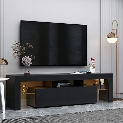 Console Modern, Tv Stand With Led Lights, Black Tv Stand, Media Console Table, Led Tv Stand, Modern Entertainment Center, Tv Console Table, Tv Stand Cabinet, Black Tv