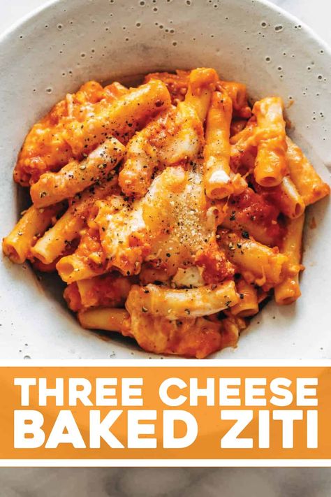 Three Cheese Baked Ziti that is bubbly and browned, extra creamy, extra saucy, and incredibly easy with NO RICOTTA! A baked pasta masterpiece. #pasta #bakedpasta #bakedziti Recipies Aesthetic, Cheese Baked Ziti, Dinner Staples, Recept Sandwiches, Best Baked Ziti Recipe, Sun Ideas, Rice Meals, Ziti Recipe, Pinch Of Yum