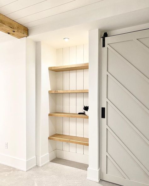 A House We Built on Instagram: “We built this nook in our basement hallway to have a fun spot to decorate throughout the year. We’re still finishing up some other build-…” Shelving Nook, Hallway Nook Ideas, A House We Built, End Of Hallway, Basement Hallway, Hallway Shelf, Hallway Closet, Kitchen Nook, Built In Shelves