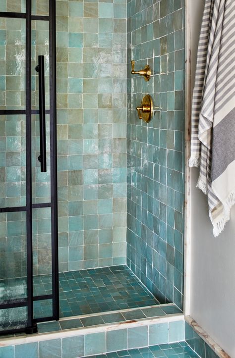 CLARENDON BACHELOR — Zoe Feldman Design Turkish Tiles Bathroom, Black Frame Glass Partition, Shower With Black Frame, Turkish Bathroom Ideas, Old World Bathroom, Blue Shower Tile, Tile Walk In Shower, Turkish Bathroom, Tiny Bath