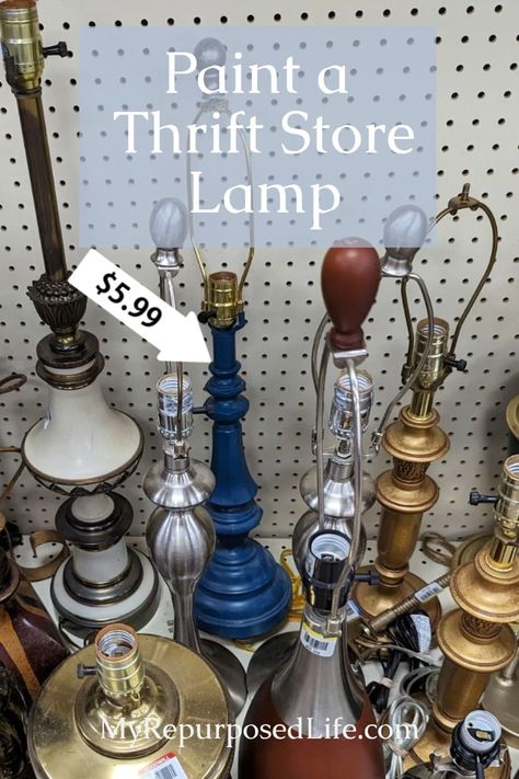 Tips on painting a thrift store lamp. What paint should you use? How many coats of paint. All your questions answered. via @repurposedlife Thrift Store Repurposing, Painting Thrift Store Finds, Repurpose Lamps Base Ideas, Upcycle Lamp Base, Lamp Painting Ideas, Repurposing Lamps Base, Painting A Lamp, Vintage Lamp Makeover, Upcycle Lamps